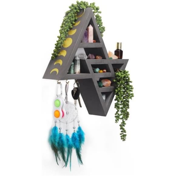 Moon Phase Triangle Shelf with Hooks - Rustic Moon Shelf for Crystals- Grey - Picture 1 of 7